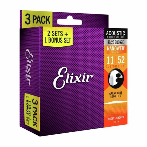 Elixir Nanoweb Bronze (11-52) - stuny do gitary akustycznej 3Pack